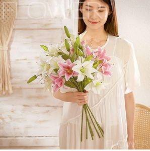 Decorative Flowers 6pcs/lot Artificial 3D Printing Lily Wedding Pography Bouquet Home Living Room Garden Simulation Plastic Green Plant