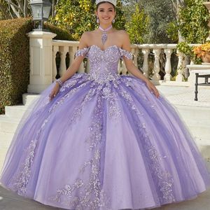 Lavender Sweetheart Shiny Ball Gown Quinceanera Dresses Beads Applique Lace Cinderella Birthday Party Princess Vestidos De 15 Anos