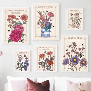Vintage Flowers Nordic Art Poster Rose Daisy Flower Market Leaf Butterfly Canvas Painting Wall Pictures for Living Room Women Bedroom Decor No Frame Wo6