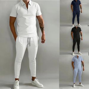 Men's Tracksuits Fashion Solid Color Men Suit Summer Casual Short Sleeve Polo Shirt Calf Pants For Streetwear Male Tracksuit 2-Piece Set