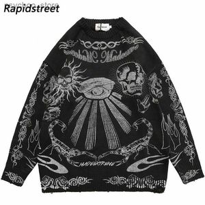 Hip Hop Suéter de gran tamaño Hombres Mujeres Harajuku Cráneo Graffiti Retro Vintage Suéter de punto Unisex Algodón Jersey 2021 Otoño Invierno Q230830