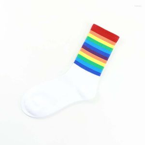 Calzini da donna in cotone arcobaleno a tubo lungo bianco da donna, stile college giapponese