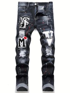 Herren Jeans Herren Stretchy Ripped Skinny Biker Stickerei Cartoon Print Destroyed Hole Slim Fit Denim Hohe Qualität Hip Hop Schwarz 230829