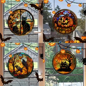 Wall Stickers Halloween Stained Colorful Horror Castle Cat Static PVC Window Glass Glue Free Decorative Film Party Home Decoration 230829