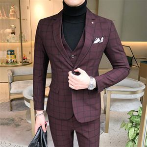 3 Pieces Suit Vest Mens Suits With Pants Wine Red Retro Plaid Slim Fit Formal Wedding Dress Tuxedo Suits Plus Size 5XL 2019291G