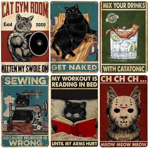Sewing Because Murder is Wrong Vintage Tin Signs Cat and Wine Metal Sign Funny Cat Signs for Home Garden Decor Cat Lovers Gift Pet House Wall Painting Size30X20CM w01
