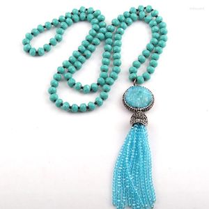 Pendant Necklaces Bohemian Tribal Jewelry Long Knotted Crystal Glass Bead & Druzy And Tassel