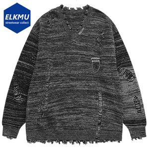 Erkek Sokaklar Hi Street Yırtık Kazak Erkekler Büyük Boyutlu Sıkıntılı Knaklı Külot Kazak Jumper Harajuku Hip Hop Sokak Giyim y2k Sweater 230830