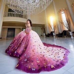 Luxury Sweetheart Shiny Quinceanera Dresses 3D Butterfly Applique Beads Ball Gown Tulle Sweet 16 Dress Ball Gown Lace Up Prom Dress