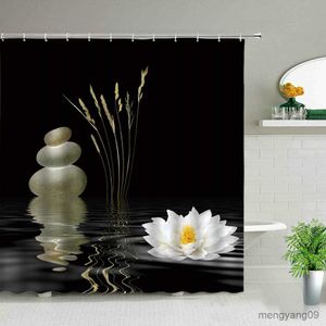 Duschvorhänge, Zen-Landschaft, Duschvorhänge, Blumen, Pflanze, grüner Bambus, schwarzer Stein, Landschaft, Badezimmer-Dekor, wasserdichtes Stoff-Hängevorhang-Set R230831