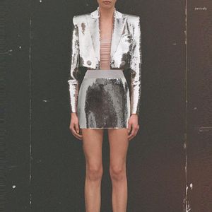 Two Piece Dress Design Brand 2 Suits Shiny Silver Full Sequin Short Suit Slim Mini Half Skirt Set Sexy Strass Diamonds Party Fashion