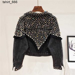 Women's Jackets Autumn Fashion Heavy Work Beading Wash Denim Jacket Women Loose Short Coats Studded Black Blue Jeans Streetwear HGLS