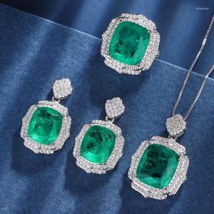 Necklace Earrings Set EYIKA Vintage Cushion Cut Square Green Fusion Blue Pink Crystal Jewelry CZ Ring Brazil Semi Joias