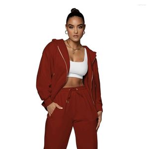 Women's Two Piece Pants Hoodie Set For Women With Solid Color Zippered Cardigan And Leggings