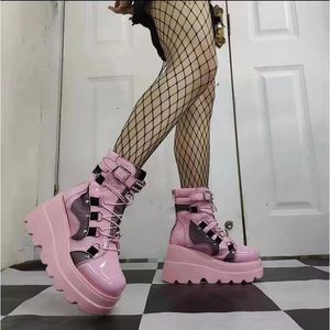 Botas femininas punk gótico botas de motocicleta plataforma chunky salto alto tornozelo bota senhoras legal cunha mulher preto sapatos femininos 230829