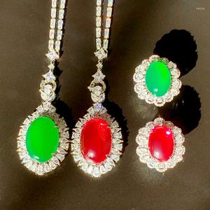 Necklace Earrings Set EYIKA Vintage Imitated Emerald Ruby Oval Shape Pendant Ring Zircon Wedding Bridal Fine Jewelry For Women Gift