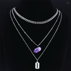 Colares Pingente 2023 Roxo Cristal Natural Aço Inoxidável Lâmina de Bruxaria Colar em Camadas Mulheres Prata Cor Jóias Collier Femme