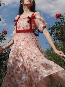 Yaz Çiçek Kawaii Tatlı Dres Baskı Kore tarzı Zarif Parti Midi Elbiseler Puf Kılıf Sıradan Vintage Peri Elbise 2022 230808