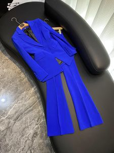 2023 Autumn Blue Solid Color Two Piece Pants Sets Long Sleeve Notched-Lapel Single-Button Blazers Top + Flare Trousers Pants Suits Set Two Piece Suits O3G142650