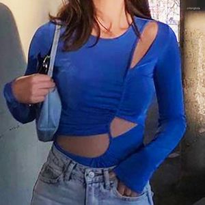 Kadın Tişörtleri Seksi Mavi Bodysuit Asimetrik Kesim Uzun Kollu Kadınlar Moda Takılı Bahar