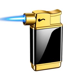 Creative Side Fire One-button Press Lighter Straight To Blue Flame Cigarette Metal Windproof No Gas Machine Using Cigar Pip 6HL3