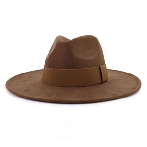 Zamszowy top kapelusz 9.5 cm wielki brzeg fedora kapelusz z wstążką stały kolor czapki mężczyzn kobiety Panama derby Party Wedding Church Kościół Jazz Hats