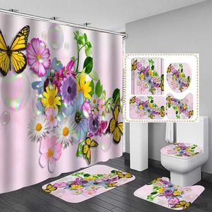 Shower Curtains Colorful Flowers Fabric Shower Curtains Bath Mats Rugs Cover Beautiful Butterfly Flower Bathroom Curtains Set Decor R230830