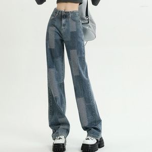 Damen Jeans Blau Für Frauen Gespleißt Hohe Taille Amerikanische Mode Y2K Streetwear Weites Bein Jean Weibliche Hose Gerade Baggy Denim Hosen