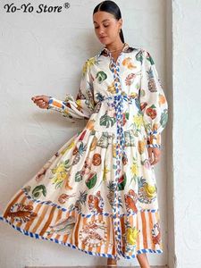 Grundläggande casual klänningar Retro frukt tryckt skjorta klänning kvinnor lanthylsa lapel midja enbröd a-line klänningar kvinnlig elegant semester dam robe t230825