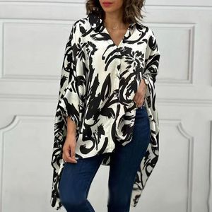 Casual Dresses Women Lapel Batwing Sleeve Loose Tops Blouses Elegant Pattern Print Shirt Dress Fashion Single Breasted High Street