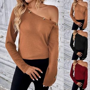 Women's Sweaters Autumn Loose Solid Button Knitted Slim Fit Off Shoulder Long Sleeve Top Shirts Hide Sweat Women Tees And Tops