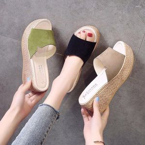 Slippers Female Summer 2023 Outside Leather Beach Platform Water Wedge Heel Cotton Fabric Heels Rubber Brief Toe Slides