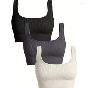 Roupa de ioga feminina, 3 peças, regata de suporte médio, com nervuras, sem costura, copos removíveis, treino, exercício, sutiã esportivo