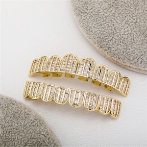 18K Gold Zähne Grillz Set Leiter Quadratisches Zirkonium Volldiamant Mikro eingelegte große Goldzähne Vielseitiger Hip Hop Körperschmuck für Männer und Frauen