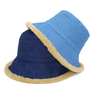 Ampla borda chapéus balde mulher jeans baldes chapéu dentro de pele fofo inverno quente fishman luxo panamá hiphop pesca veludo engrossar bonés 230829