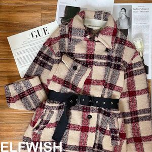 Fur Fall 2022 Woman Red Apricot Checked Wool Trench Coat Waist Belt Chest Big Pocket Turn Down Collar Long Sleeved Oversized Coats