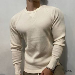 Herrenpullover 315 g Fitness Sport Waffel T-Shirt Männer Baumwolle gestrickt Muskel Slim Fit Pullover Tops Freizeit Rundhals Langarm Pullover 230830