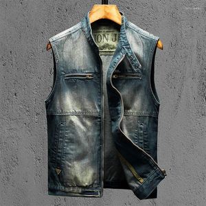 Mäns västar denim väst 2023 Autumn Korean version Slim Montering Camisole stilig avslappnad dragkedja stativ krage motorcykel