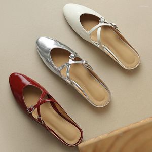 Slippers Genuine Split Leather Silver Red Closed Toe Lovely Girl Cross Buckle Belt Flat Sandals Small Size 33 Slides Women Mules