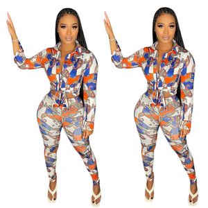 Fashion Print Two Piece Pants Women Casual Lapel Neck Shirt and Leggins Set Free Ship