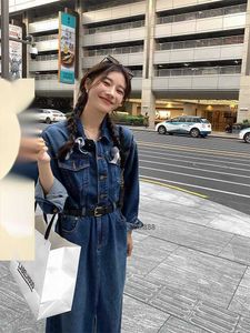 Ekool Custom Vintage Denim Dress Женское весеннее новое высокое талия Slim Commuting средней длины платье рубашки