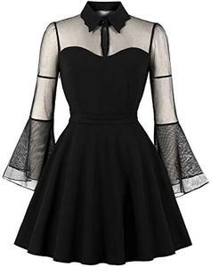 New Fashion Women's Keyhole Mesh Dress Bell Long Sleeves Gothic Cocktail Vintage Dress