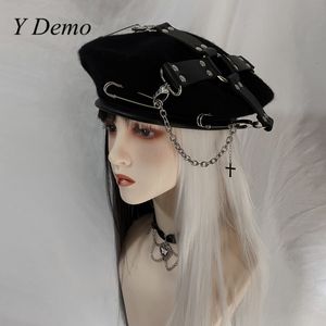 BERETS YデモゴシックハンドメイドPUクロスバックルMovable Pin's Beret Punk Hat Grunge 230830