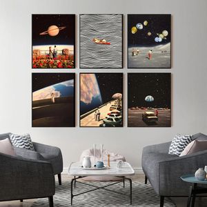 Coppia Sogno Dipinto su tela Sotto il cielo notturno Surrealismo Galassia Spazio Luna Poster Stampe Immagine di arte della parete Camera da letto Soggiorno Decorazione della casa Senza cornice Wo6