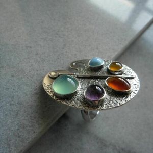 Band Rings Creative Geometry Silver Color Metal Oval Inlaid Colored Stone Vintage Die Casting Party Justerbar Ring 230830