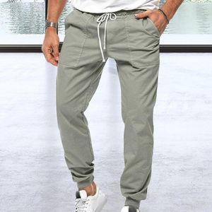 Men's Pants Solid Color Men Daily Trousers Soft Casual With Elastic Waist Drawstring Ankle-banded Pockets For Commute