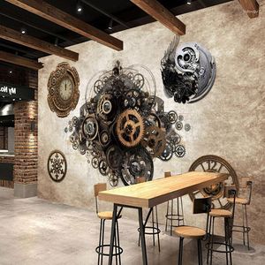 Wallpapers Bacal Po Wallpaper Retro Industrial Metal Gear 3D Mural Bar Cafe Background Wall Clock Bedroom Clothing Store