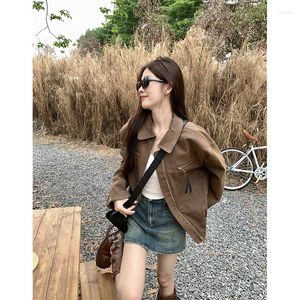 Kvinnorjackor 2023 Autumn American Retro Coffee Loose Fit Skinny Motorcykeljacka Coat Women High Street Pu Clothing