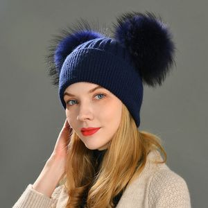 Beanie Crânio Caps Duplo Real Raccoon Fur Pompom Chapéu Mulheres Inverno Malha Lã Chapéus Skullies Beanies Meninas Feminino Dois Pom Beanie 230829