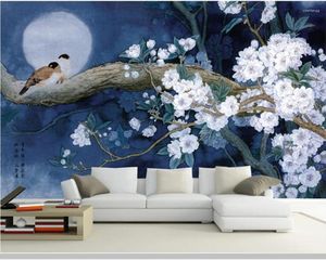 Wallpapers papel de parede estilo chinês flor e pássaro lua noite 3d papel de parede sala de estar kids'bedroom papéis de parede decoração de casa bar mural
